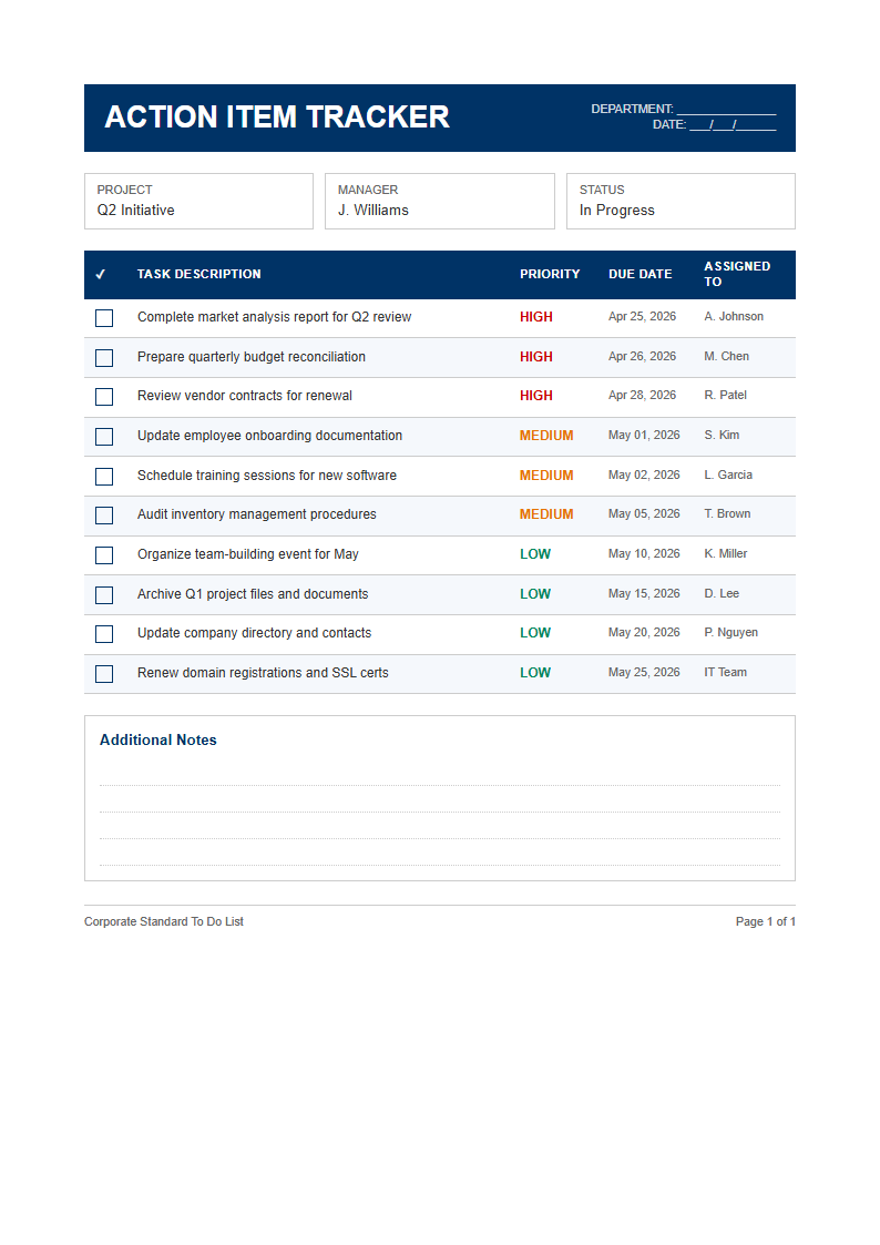 Corporate standard to do list with table layout